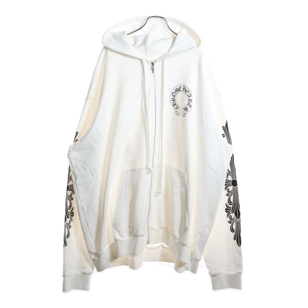 CHROME HEARTS(クロムハーツ) SWTSHRT HD ZIP バックホースシュー 袖フローラルプリント ジップアップフーディーパーカー ホワイト
