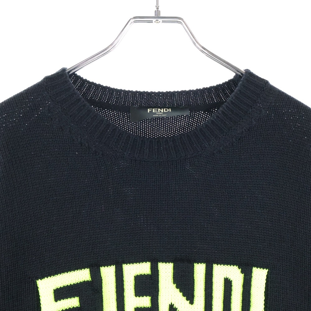 FENDI(フェンディ) GIROCOLLO WORDING FENDI KNIT フロントロゴ クルーネックニットセーター ブラック FZZ469 A8B9
