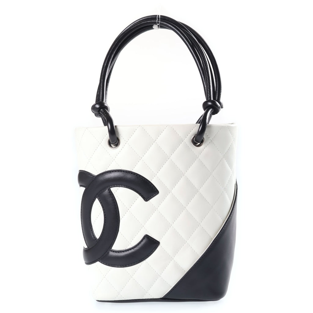 CHANEL(シャネル) カンボン スモール ラムスキン シルバー金具 トートバッグ ハンドバッグ 9番台 ホワイト/ブラック A25166 レディース