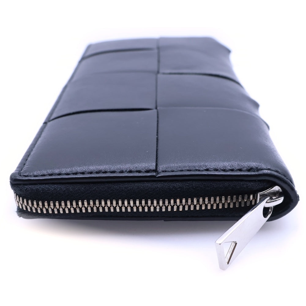 BOTTEGA VENETA(ボッテガヴェネタ) マキシイントレチャート カセット ロングウォレット ラウンドファスナー 長財布 ブラック レザー シルバー金具 レディース