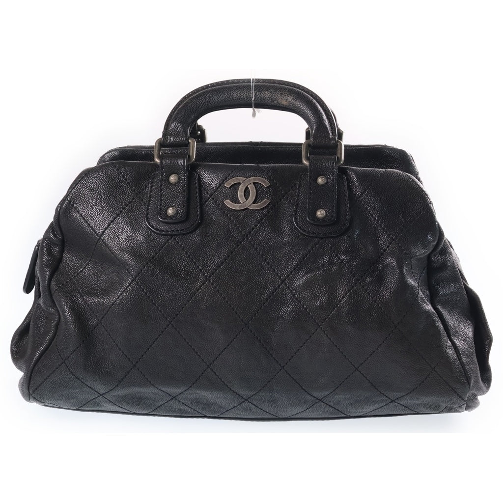 CHANEL(シャネル) ココマーク ワイルドステッチ ボストンバッグ ハンドバッグ ブラック キャビアスキン 10番台 シルバー金具 レディース