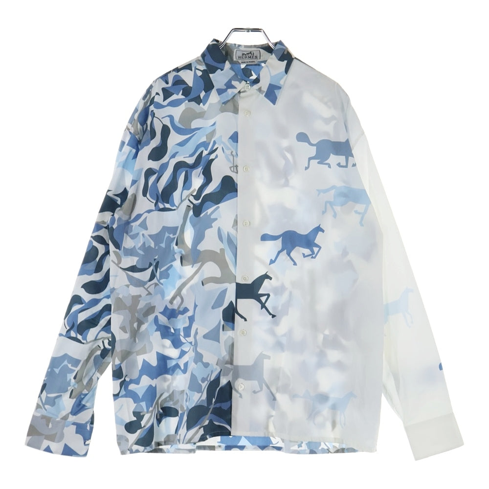 HERMES(エルメス) 23SS セリエボタン ホースカモフラ総柄シルク長袖シャツ ブルー/ホワイト