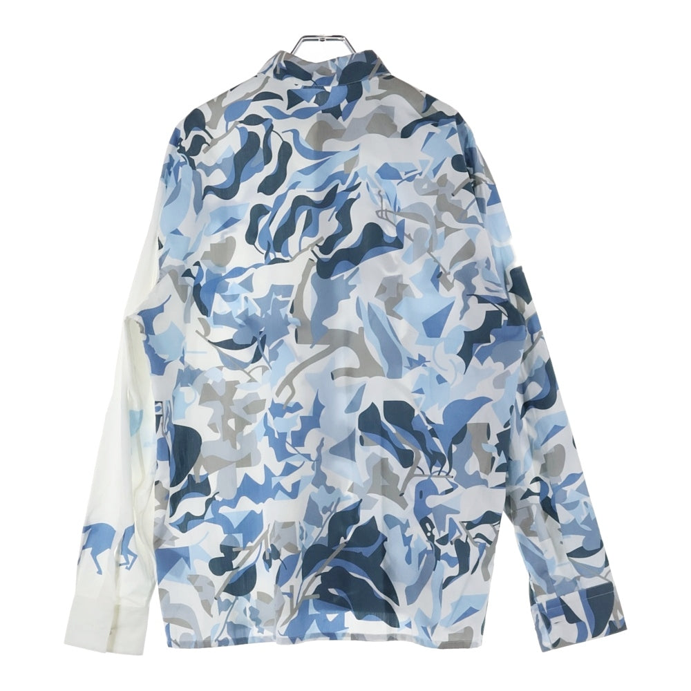 HERMES(エルメス) 23SS セリエボタン ホースカモフラ総柄シルク長袖シャツ ブルー/ホワイト