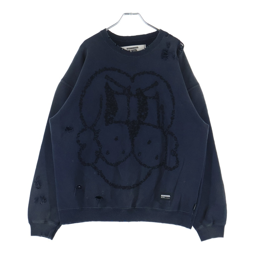 NEIGHBORHOOD(ネイバーフッド) 25AW ×CHITO SAVAGE SWEAT SHIRT LS チト ダメージ加工 フロントイラスト刺繍 クルーネックスウェットトレーナー ネイビー 252OKCIN-CSM01S