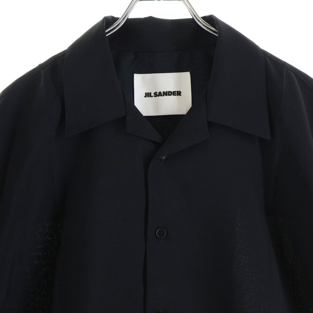 JIL SANDER(ジルサンダー) Open collar wool gabardine S/S shirt オープンカラー ウール ギャバジン 半袖 シャツ ブラック HS JM IW 0509