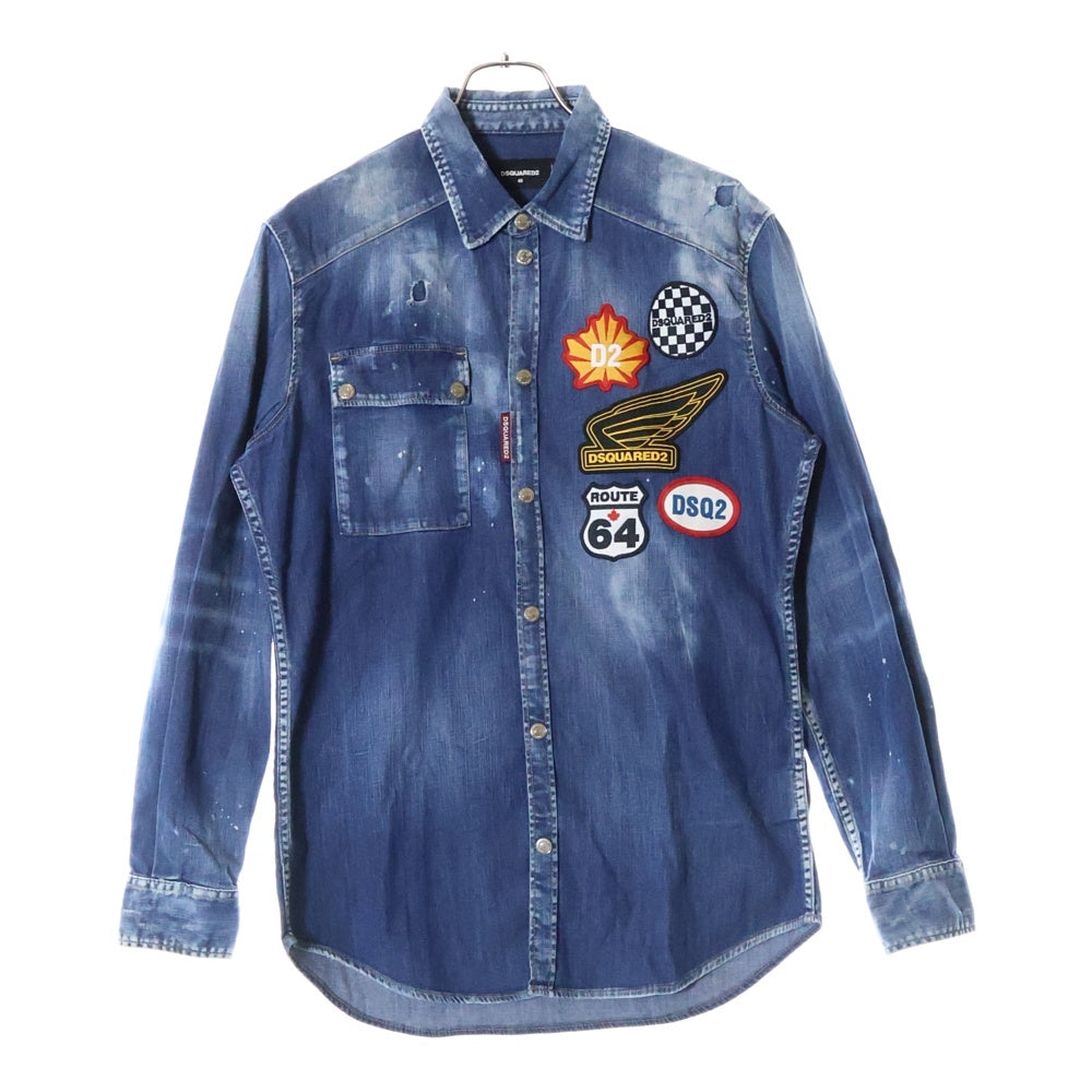 DSQUARED2(ディースクエアード) フロントロゴパッチ ダメージ加工 長袖デニムシャツ インディゴ S74DM0354 S30341