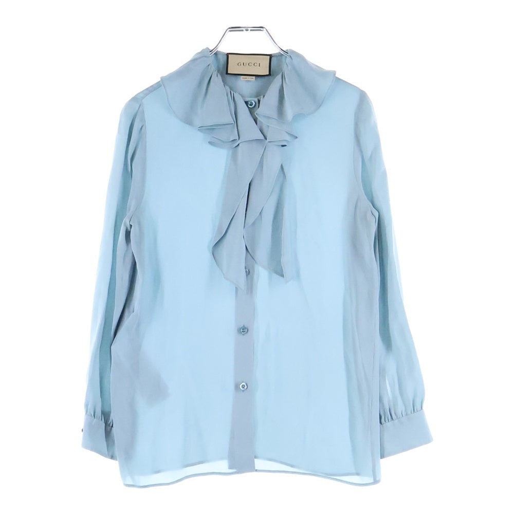 GUCCI(グッチ) BEE 袖口 アップリケ 刺繍 シルク フリル 長袖シャツ ブラウス ライトブルー レディース 662332