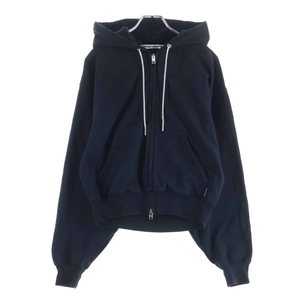 ALEXANDER WANG(アレキサンダーワン) Cotton Hoodie クロップド ジップアップフーディー パーカー コットン クリスタルドローコード ブラック 1CC2262779 レディース