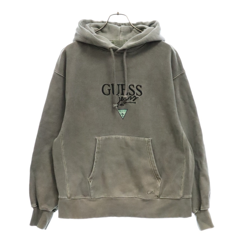 GUESS(ゲス) ウォッシュ加工ロゴプルオーバーフーディーパーカー カーキ