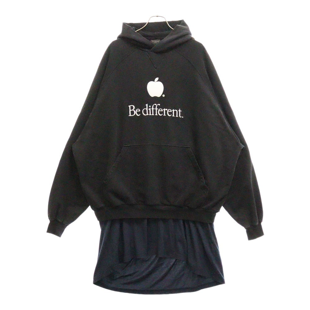BALENCIAGA(バレンシアガ) 22AW Be Different Popover Hoody アップルロゴ ヴィンテージ加工レイヤードプルオーバーフーディーパーカー 720406 TNVB4 ブラック/ネイビー