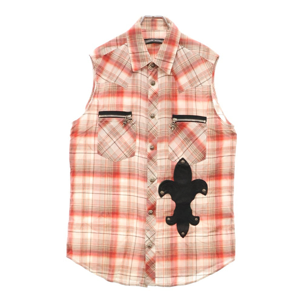 CHROME HEARTS(クロムハーツ) BSフレアレザーパッチ付きノースリーブシャツ レッド/ホワイト