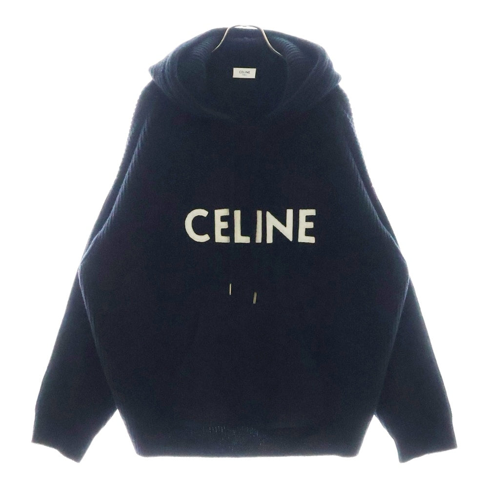 CELINE(セリーヌ) 21AW HOODED SWEATER IN RIBBED WOOL リブ編みウール ロゴワッペンプルオーバーニットパーカー 2A85W423P ブラック