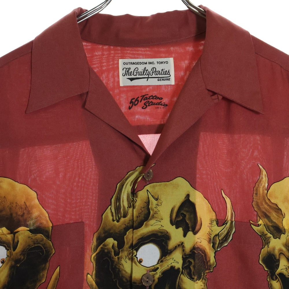 WACKO MARIA(ワコマリア) 21AW × 56 TATTOO STUDIO L/S HAWAIIAN SHIRT 56TS-WM-HI03 タトゥースタジオ 鬼スカル プリント ロングスリーブ レーヨンハワイアン 長袖 シャツ レッド