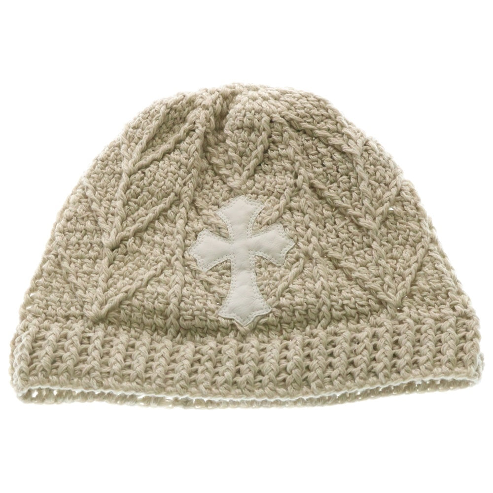 CHROME HEARTS(クロムハーツ) Cashmere Leather knit beanie カシミヤ ビーニー レザークロスパッチ クロスボールボタン ニットキャップ ベージュ