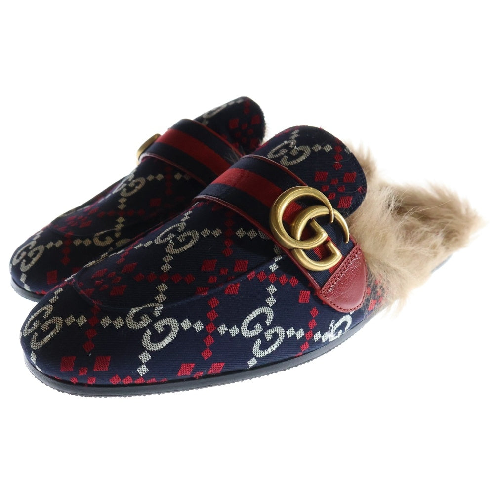 GUCCI(グッチ) プリンスタウン ファー付き GGスプリーム ミュールサンダル ネイビー/レッド