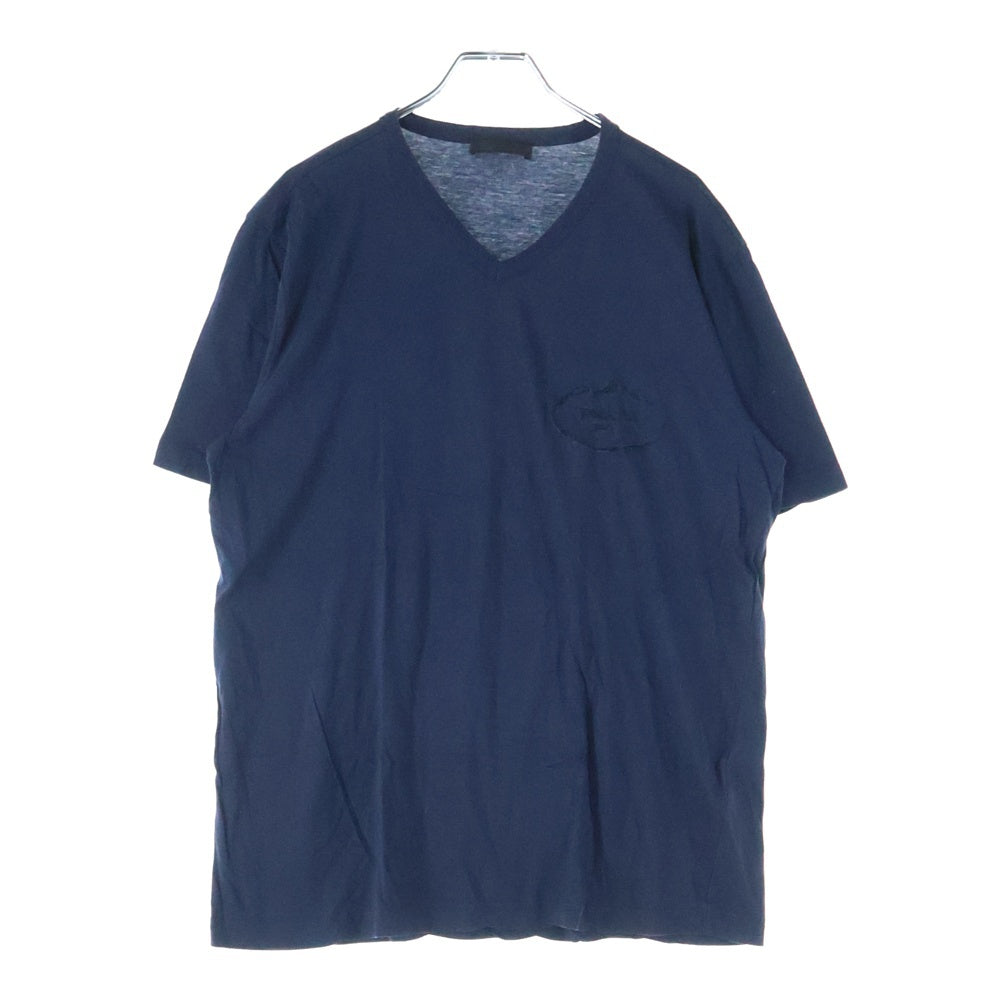 PRADA(プラダ) ロゴ刺繍 Vネック 半袖シャツ ネイビー UJM507 R131 AN7