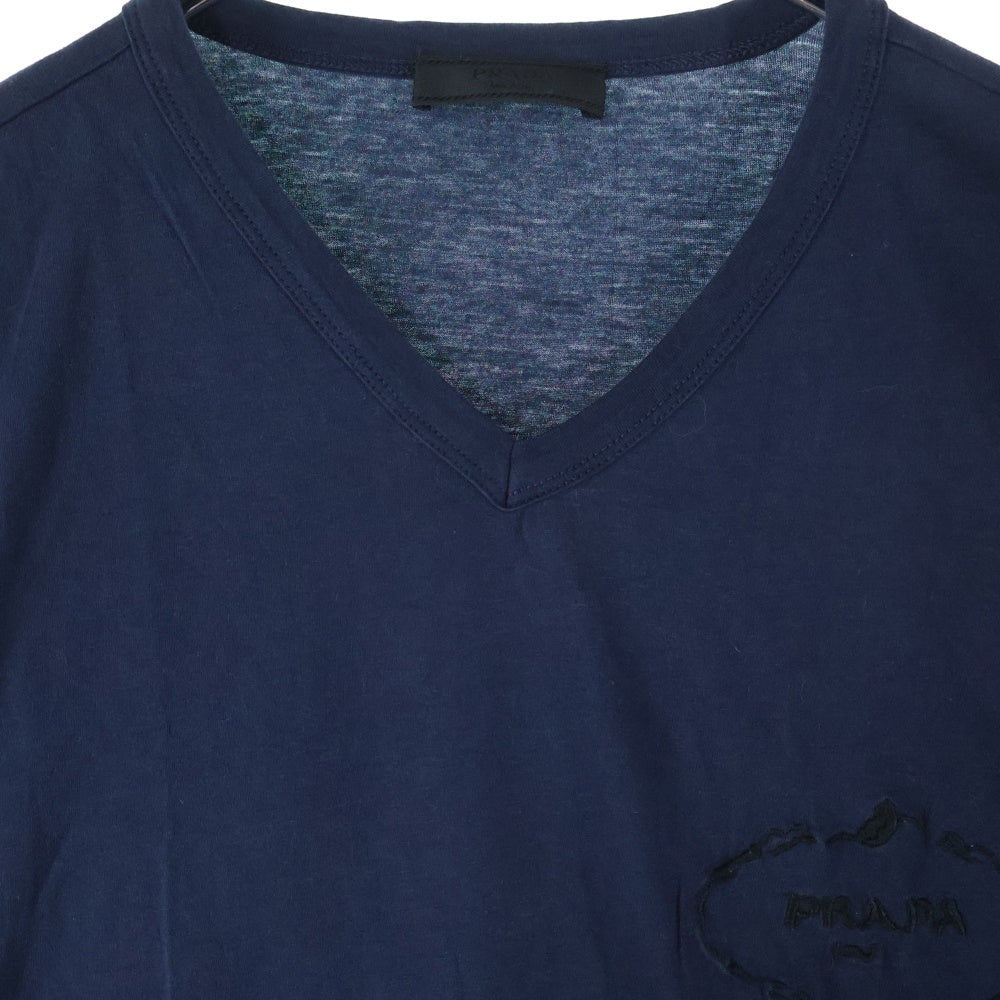 PRADA(プラダ) ロゴ刺繍 Vネック 半袖シャツ ネイビー UJM507 R131 AN7