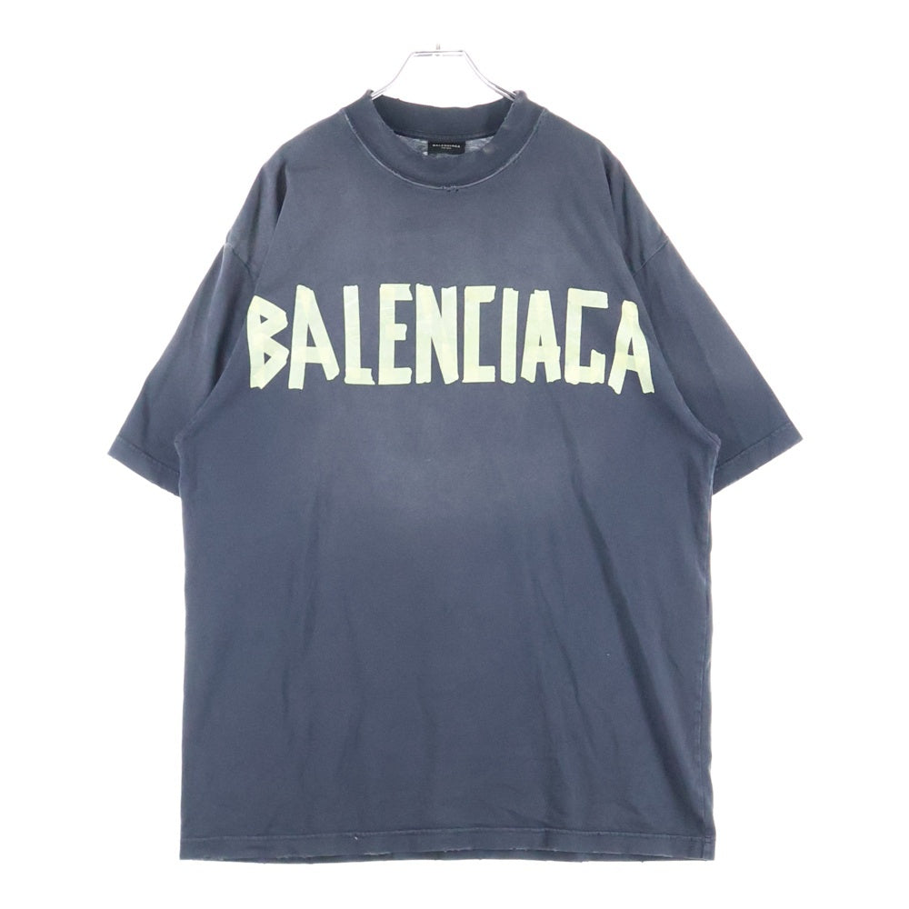 BALENCIAGA(バレンシアガ) 23SS TAPE TYPE MEDIUM FIT TEE 739784 TOVA9 デストロイ加工 テープロゴ ミディアムフィットTシャツ 半袖クルーネックカットソー ブラック