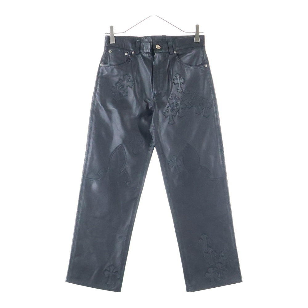 CHROME HEARTS(クロムハーツ) Cemetery Leather Cross Patch Flare Knee Soft Leather Long Pants クセメタリークロスパッチ付き フレアニーレザーパンツ ブラック