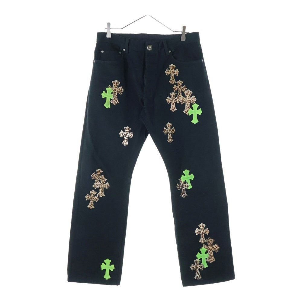 CHROME HEARTS(クロムハーツ) JEAN STRTLG FBRC クロスパッチ ボタンフライ ストレートデニムパンツ ブラック/グリーン