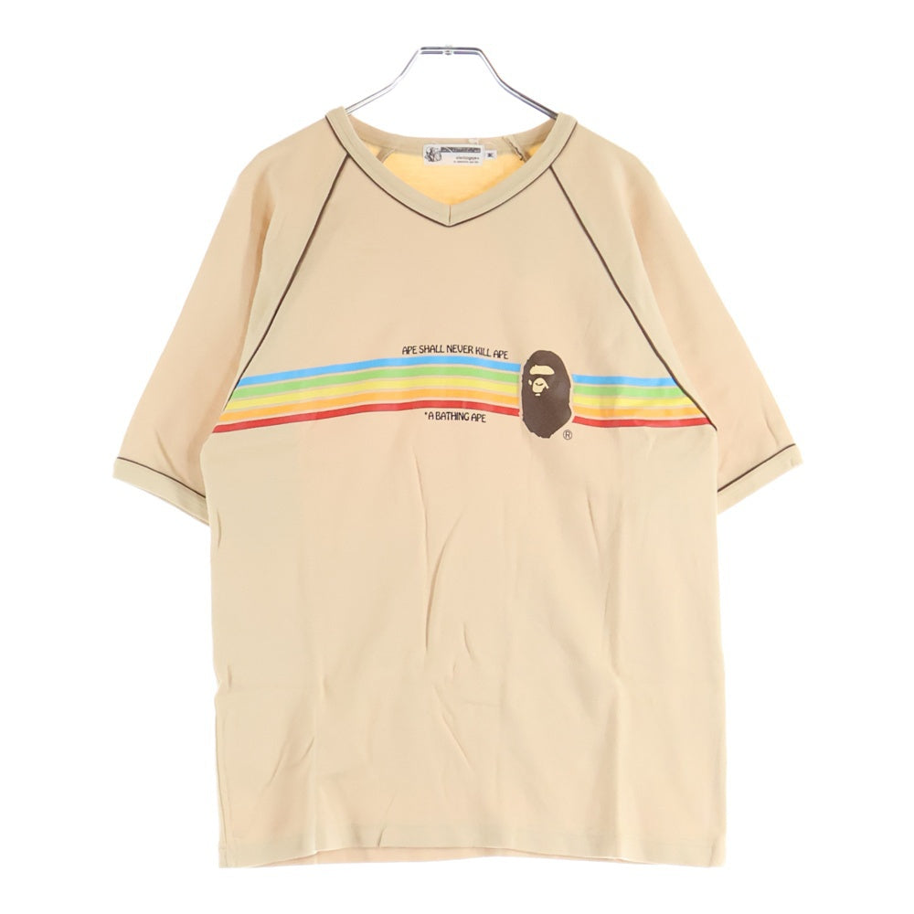 A BATHING APE(アベイシングエイプ) APE SHALL NEVER KILL APE レインボーライン Vネック半袖Tシャツカットソー ベージュ