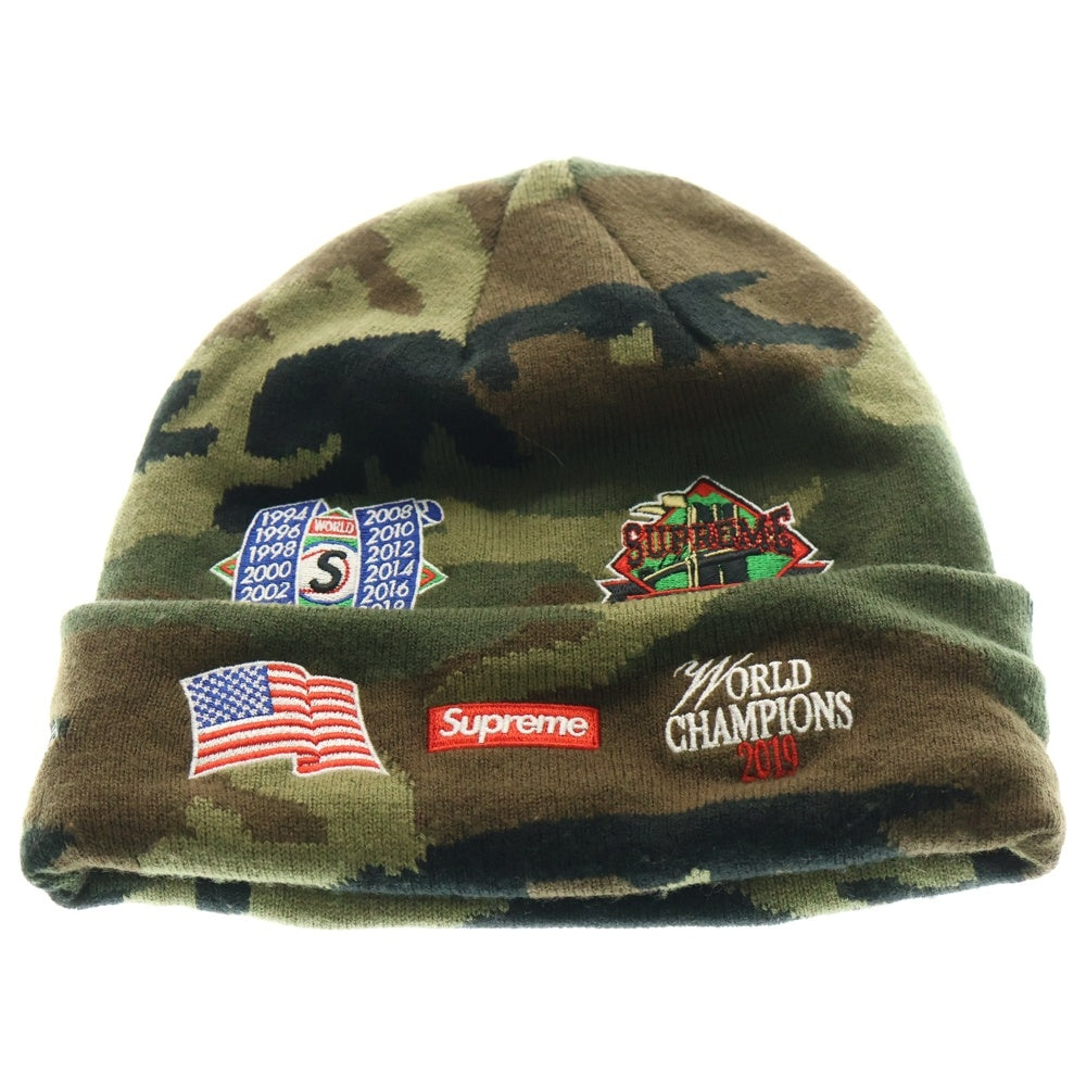 SUPREME(シュプリーム) 19AW×NEW ERA Championship Beanie ニューエラ マルチワッペン ニット ビーニー 帽子 ニットキャップ カーキ