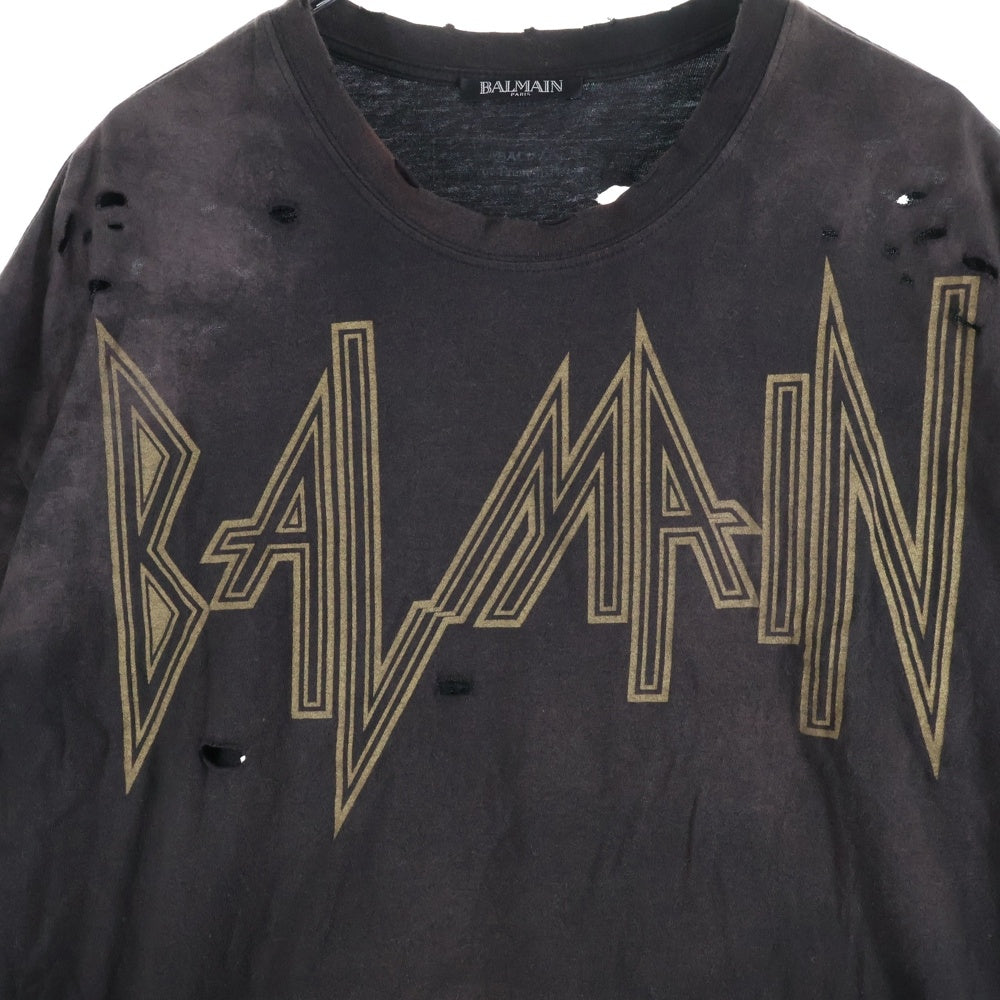 BALMAIN(バルマン) Oversized Destroy Gothic Logo T-Shirt ダメージ加工 ロゴプリント 半袖Tシャツカットソー W7H8060I065D ダークグレー