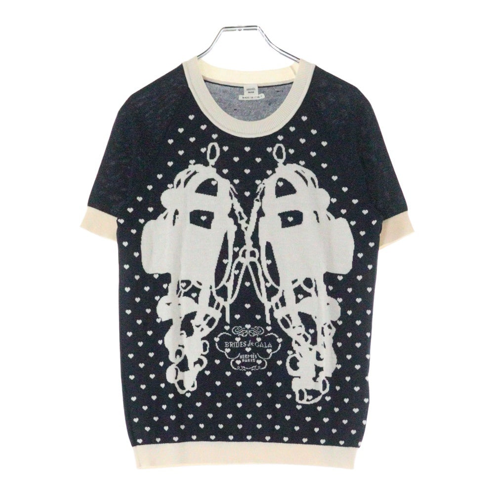 HERMES(エルメス) BRIDES de GALA ブリッドドゥガラ カシミヤ 半袖ニット セーター ブラック/ホワイト レディース