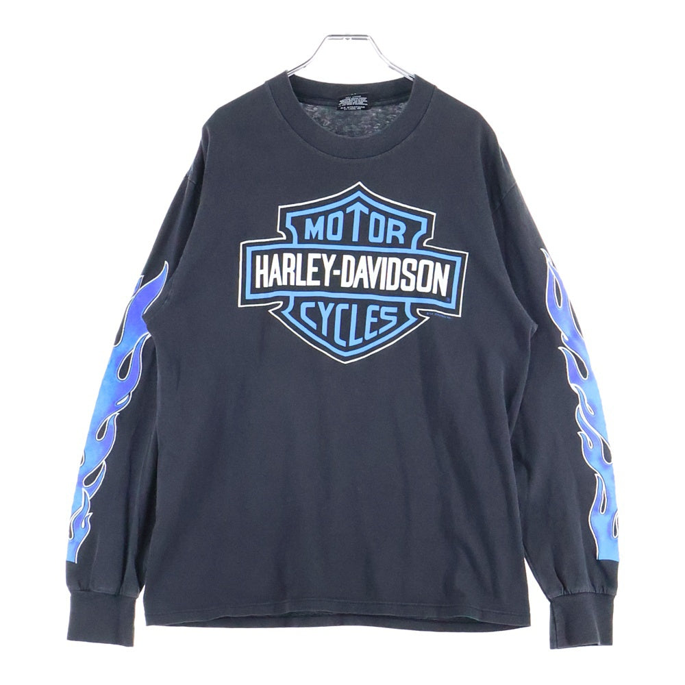 HARLEY DAVIDSON(ハーレーダビッドソン) Bar&Shield Flames L/S TEE バーアンドシールド フレイムス 袖ファイヤー 長袖Tシャツ クルーネックカットソー ブラック/ブルー