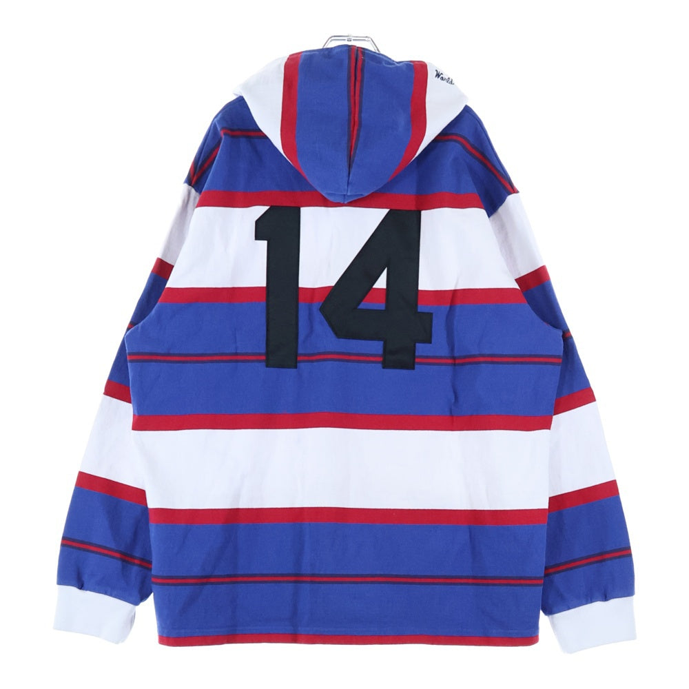 SUPREME(シュプリーム) 24AW Hooded Rugby ロゴ刺繍 フーデッド ボーダーラグビーパーカー ブルー/ホワイト