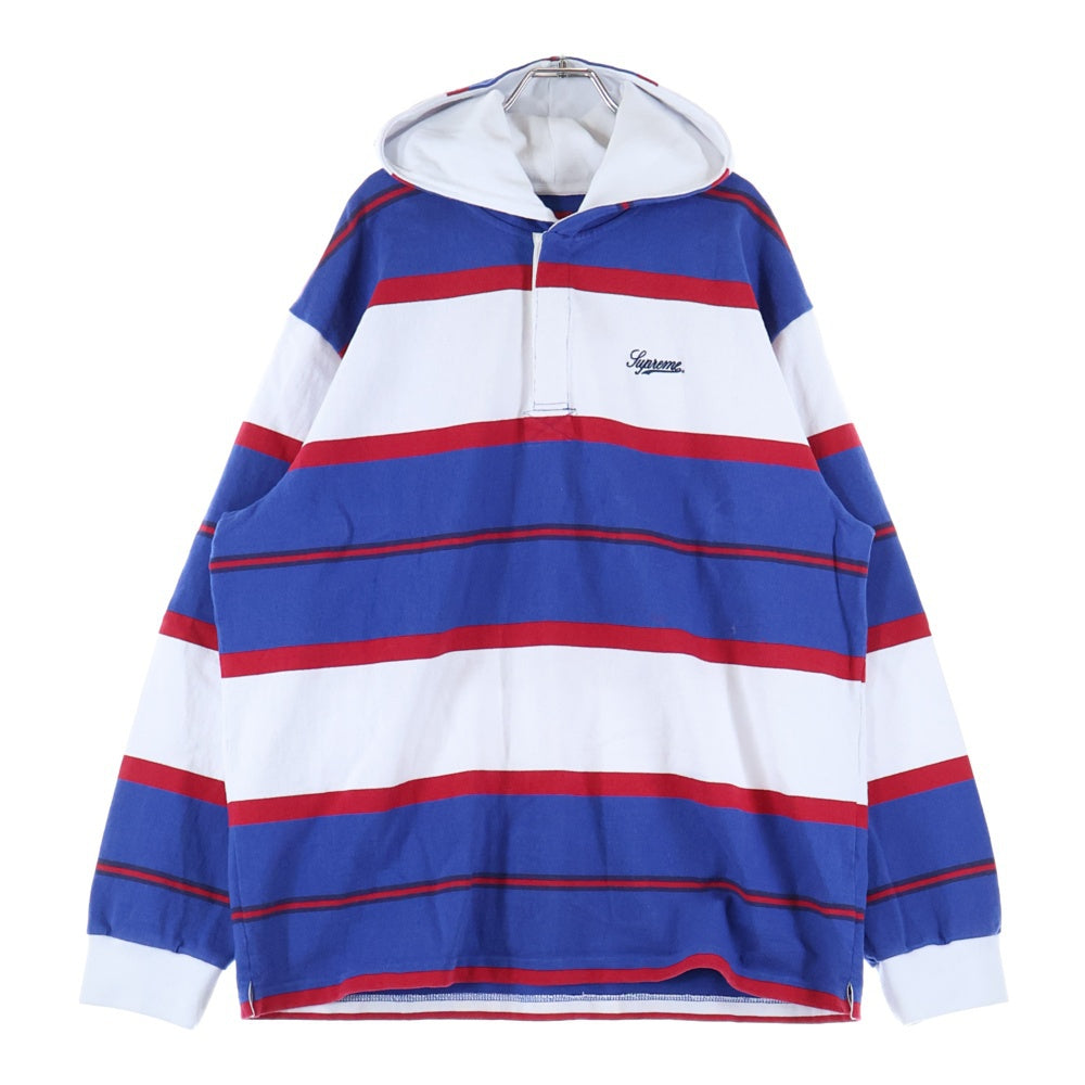 SUPREME(シュプリーム) 24AW Hooded Rugby ロゴ刺繍 フーデッド ボーダーラグビーパーカー ブルー/ホワイト