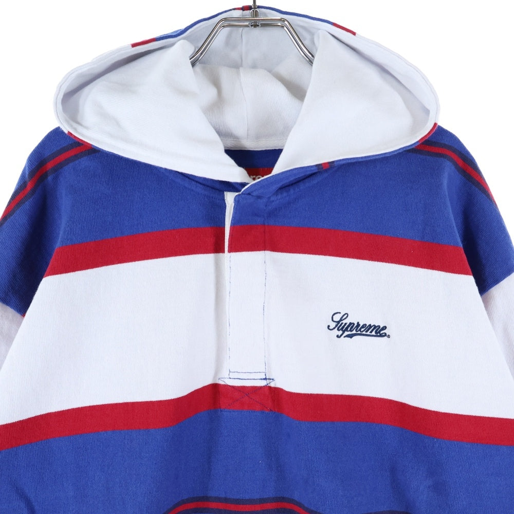 SUPREME(シュプリーム) 24AW Hooded Rugby ロゴ刺繍 フーデッド ボーダーラグビーパーカー ブルー/ホワイト
