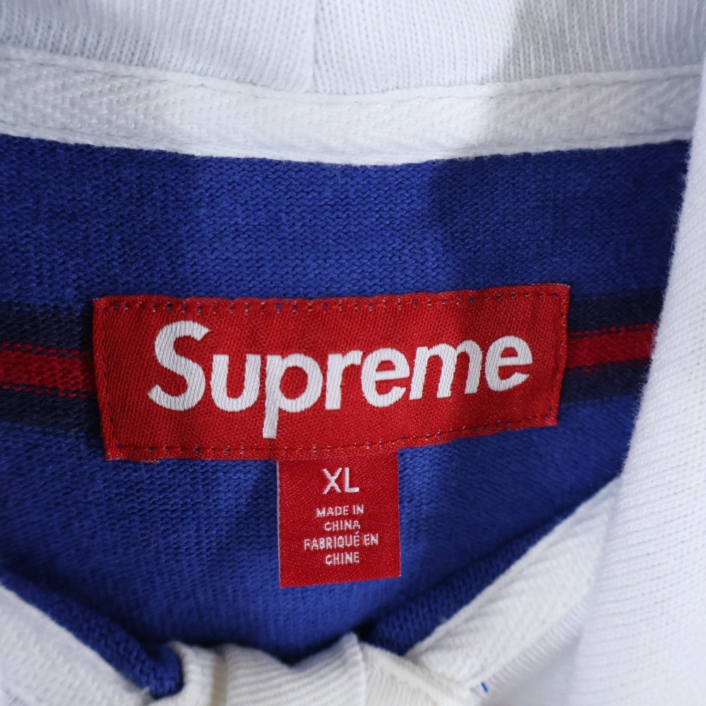 SUPREME(シュプリーム) 24AW Hooded Rugby ロゴ刺繍 フーデッド ボーダーラグビーパーカー ブルー/ホワイト