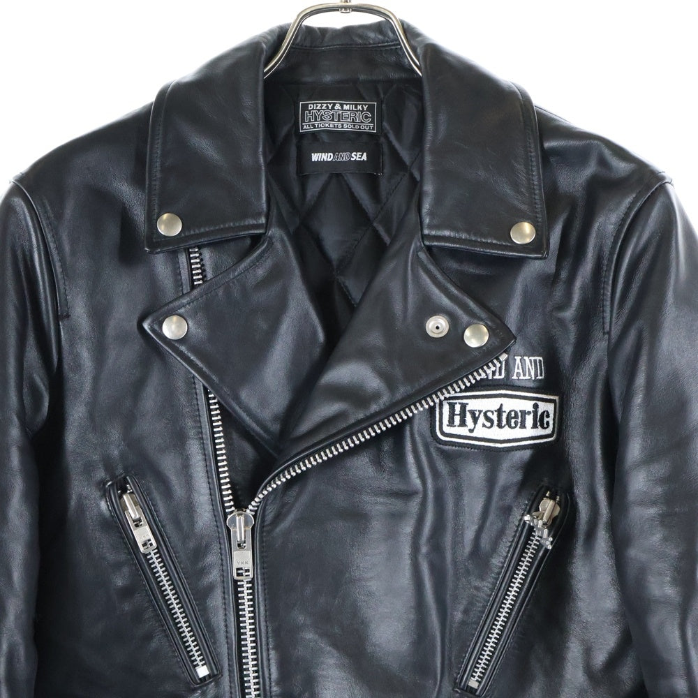 WIND AND SEA(ウィンダンシー) x HYSTERIC GLAMOUR Riders Jacket WDS-C-HYS-23-AP-Q1-03 ×ヒステリックグラマー ロゴ刺繍 ダブルライダース レザージャケット ブラック
