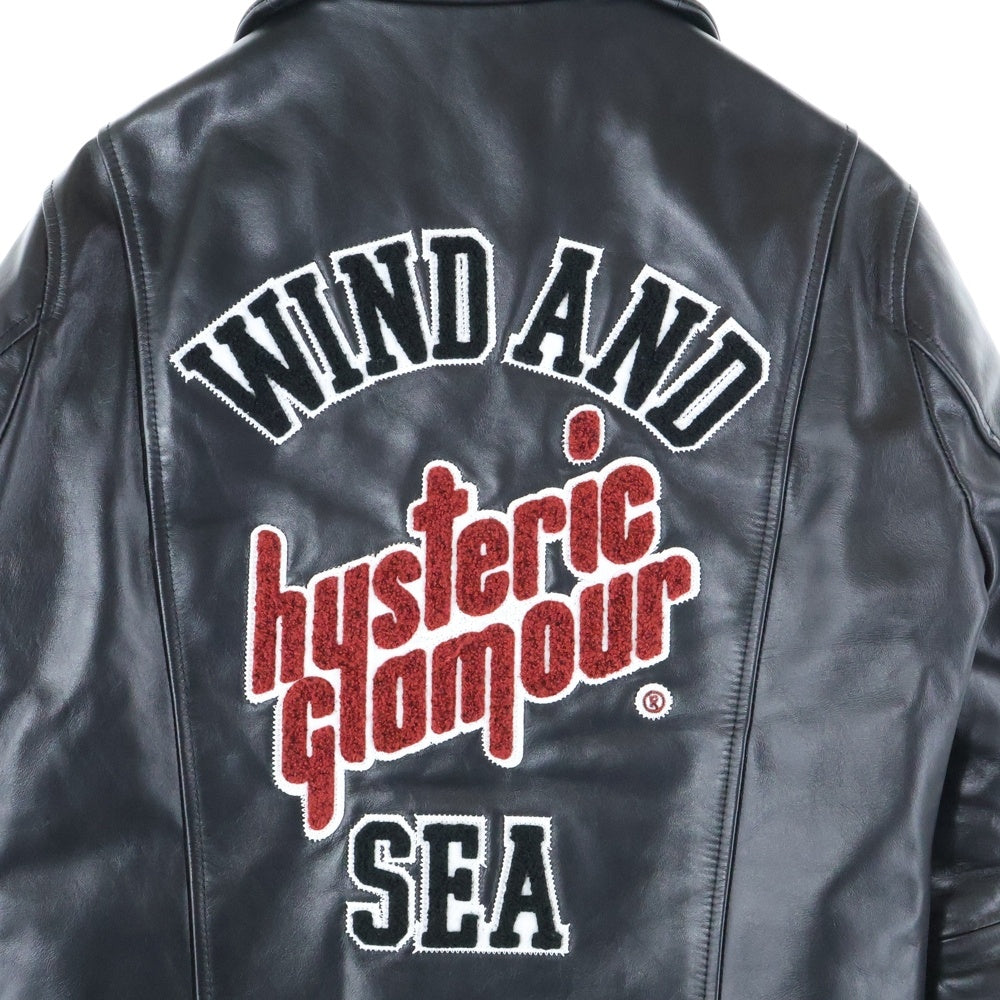 WIND AND SEA(ウィンダンシー) x HYSTERIC GLAMOUR Riders Jacket WDS-C-HYS-23-AP-Q1-03 ×ヒステリックグラマー ロゴ刺繍 ダブルライダース レザージャケット ブラック