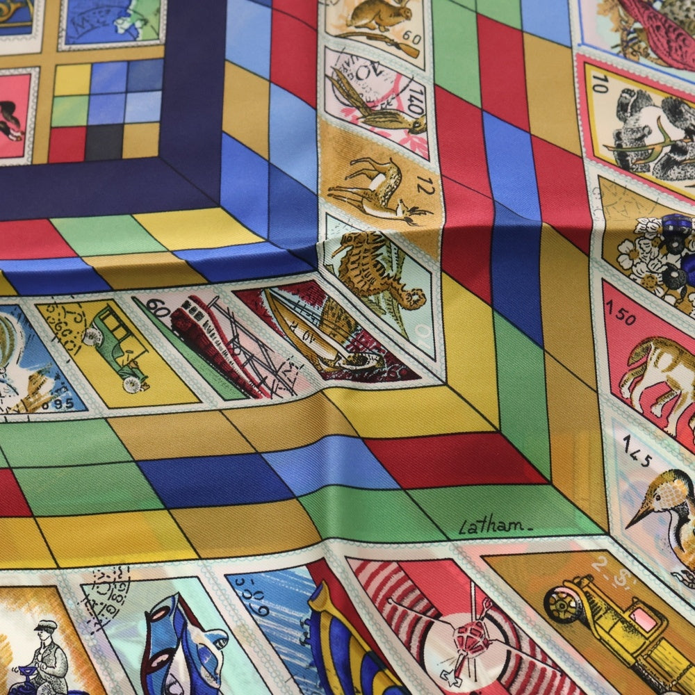 HERMES(エルメス) CORRESPONDANCE カレ90 切手 スカーフ ブルー