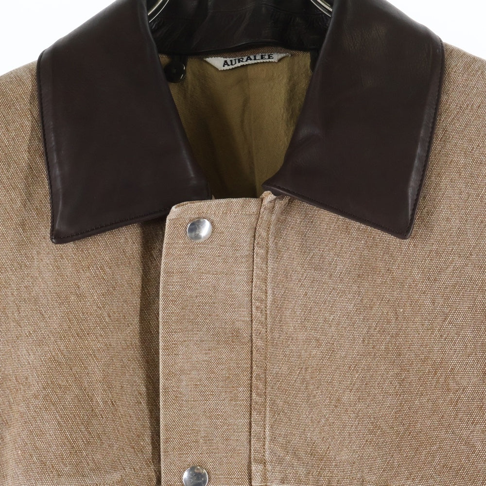 AURALEE(オーラリー) 24AW WASHED ORGANIC CANVAS HUNTING BLOUSON ウォッシュドオーガニックキャンバス ハンティングブルゾン 襟レザー ハンティングジャケット ブラウン A24AB01HG