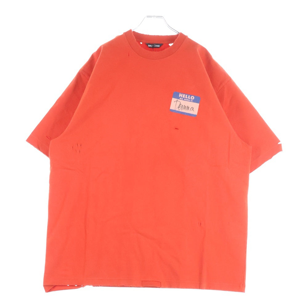 BALENCIAGA(バレンシアガ) 21SS デストロイ加工 ワンポイント ロゴ ヘビーウェイト クルーネック 半袖Tシャツ レッド 651795 TJVN3