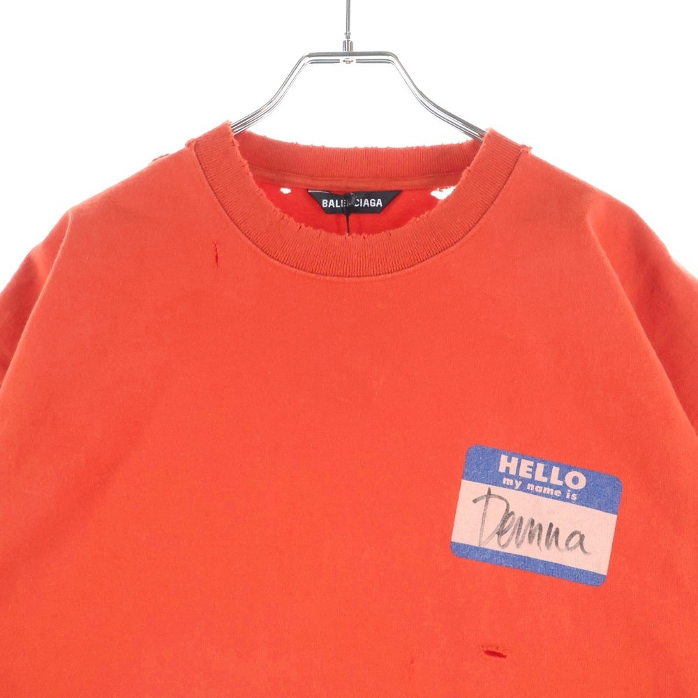 BALENCIAGA(バレンシアガ) 21SS デストロイ加工 ワンポイント ロゴ ヘビーウェイト クルーネック 半袖Tシャツ レッド 651795 TJVN3