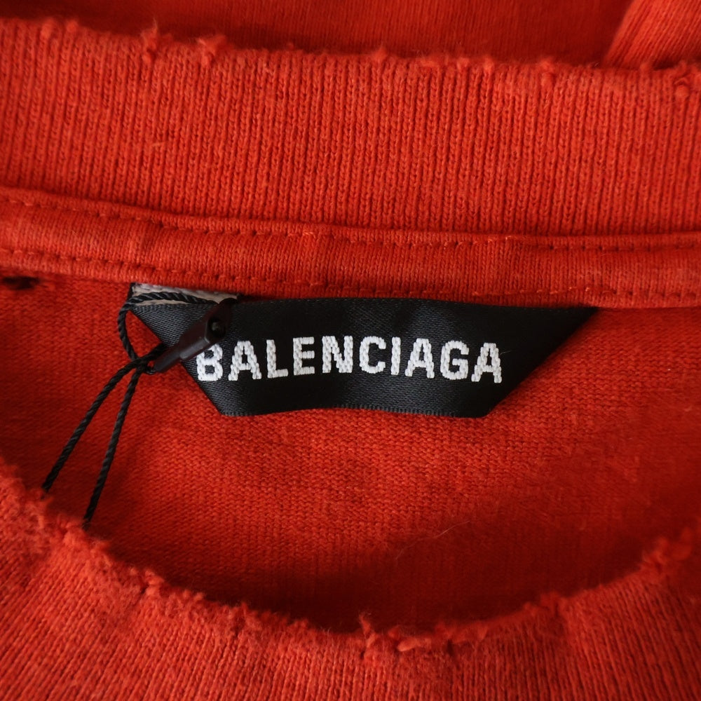 BALENCIAGA(バレンシアガ) 21SS デストロイ加工 ワンポイント ロゴ ヘビーウェイト クルーネック 半袖Tシャツ レッド 651795 TJVN3