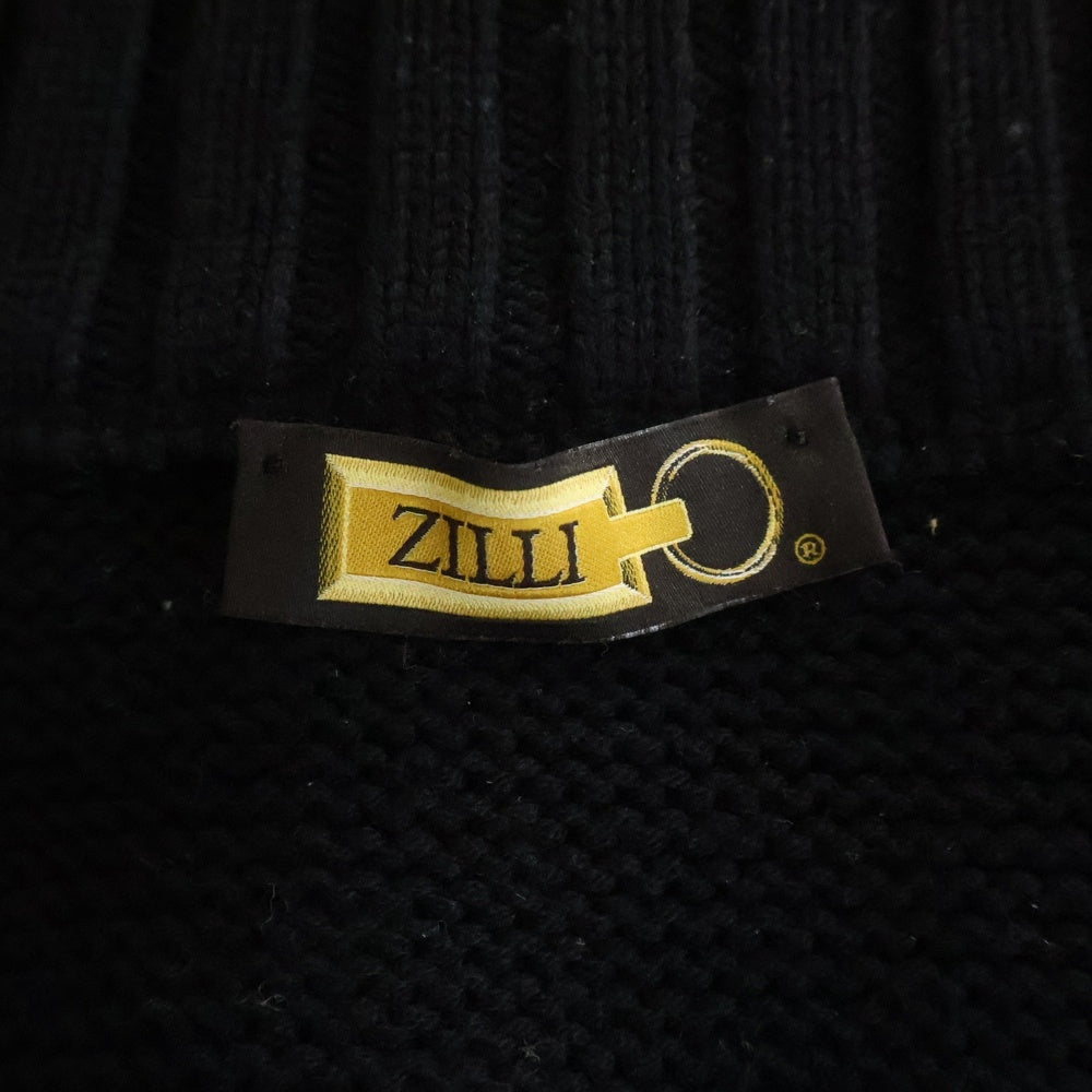 ZILLI(ジリー) Leather Switching Vintage Zip Up Knit レザー切り替えし ジップアップ ニット ブラック