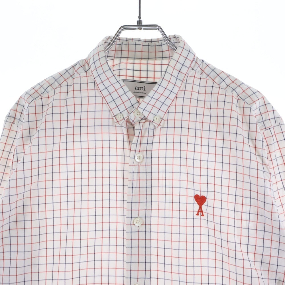 AMI Alexandre Mattiussi(アミアレクサンドルマテュッシ) Check Shirt ハートロゴ刺繍 長袖チェックシャツ ホワイト