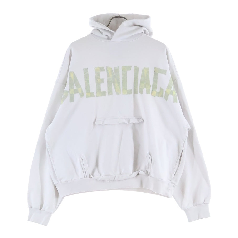 BALENCIAGA(バレンシアガ) 23SS Tape Type Ripped Pocket Hoodie テープロゴ ダメージ加工 プルオーバースウェットパーカー フーディー ホワイト 744441 TOVB1