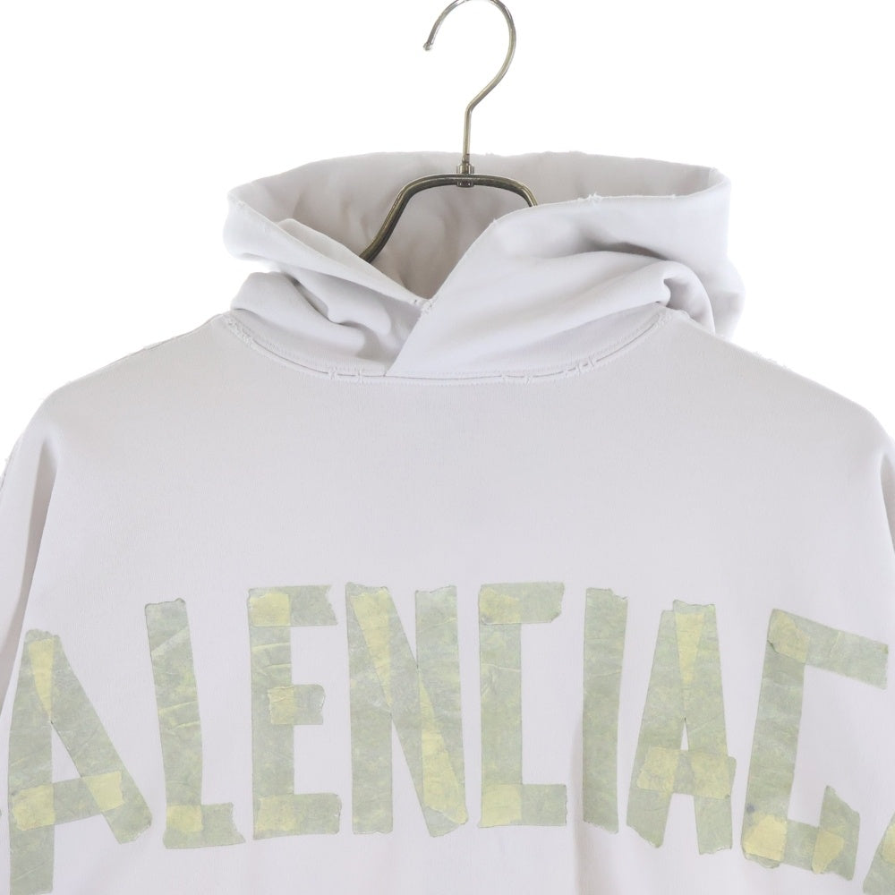 BALENCIAGA(バレンシアガ) 23SS Tape Type Ripped Pocket Hoodie テープロゴ ダメージ加工 プルオーバースウェットパーカー フーディー ホワイト 744441 TOVB1