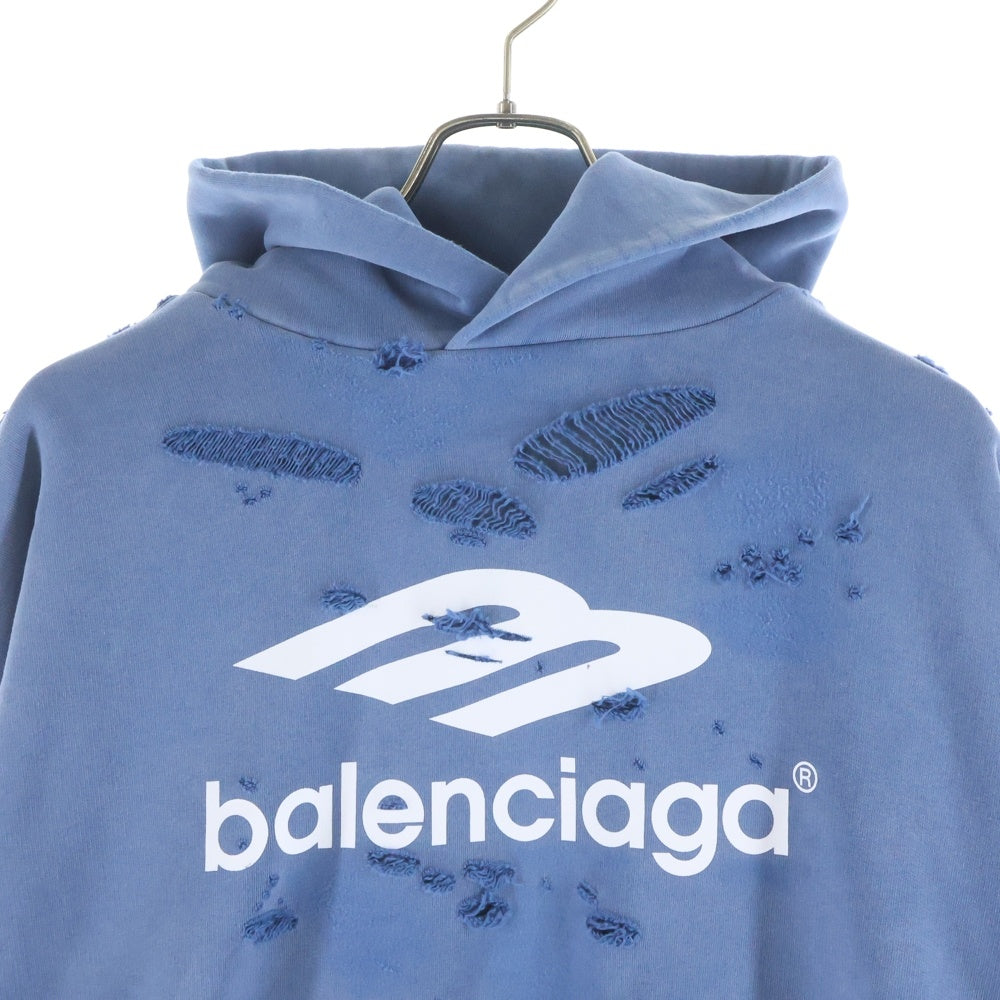BALENCIAGA(バレンシアガ) Destroy Layered Sports Hoodie ダメージ加工 スポーツロゴ レイヤードプルオーバースウェットパーカー フーディー ネイビー