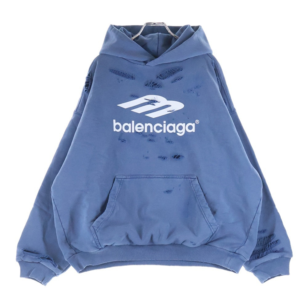 BALENCIAGA(バレンシアガ) Destroy Layered Sports Hoodie ダメージ加工 スポーツロゴ レイヤードプルオーバースウェットパーカー フーディー ネイビー