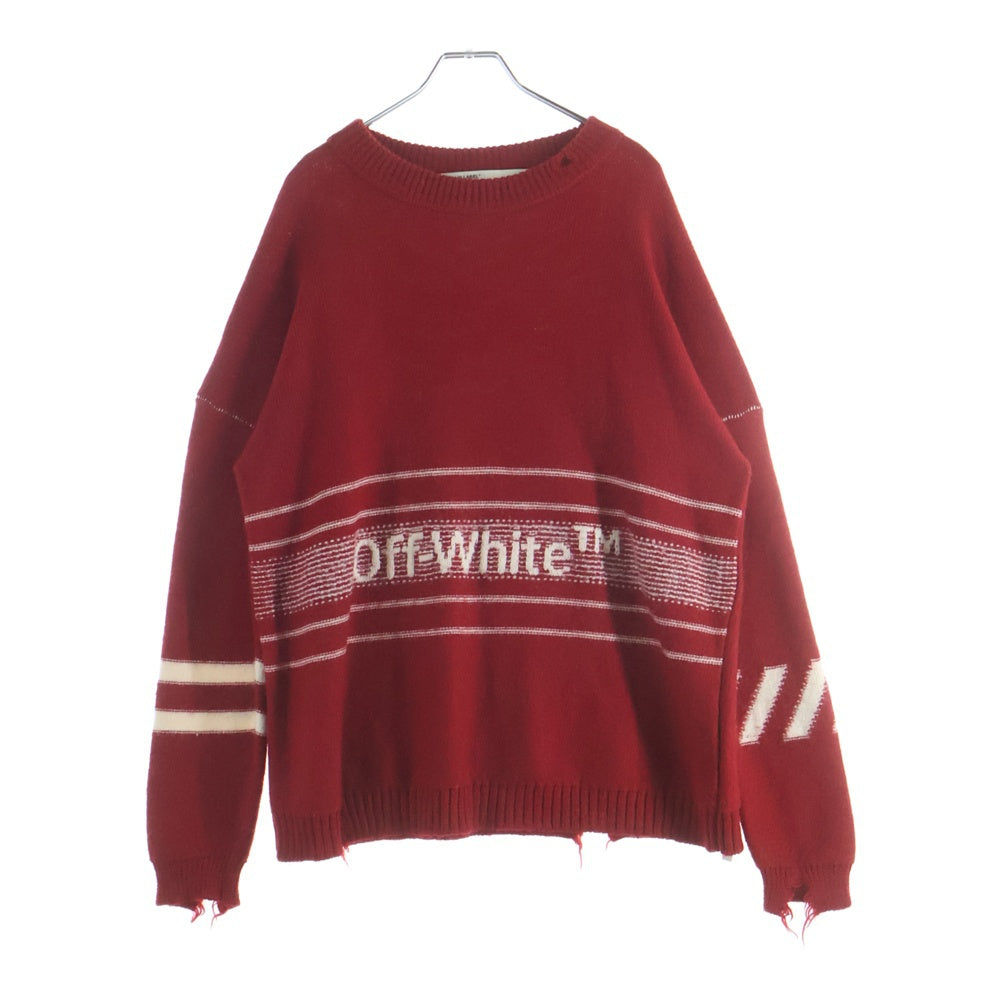 OFF-WHITE(オフホワイト) 19AW Wool Knit Sweater ダメージ加工 クルーネックウールニットセーター レッド OMHE016E19A28002