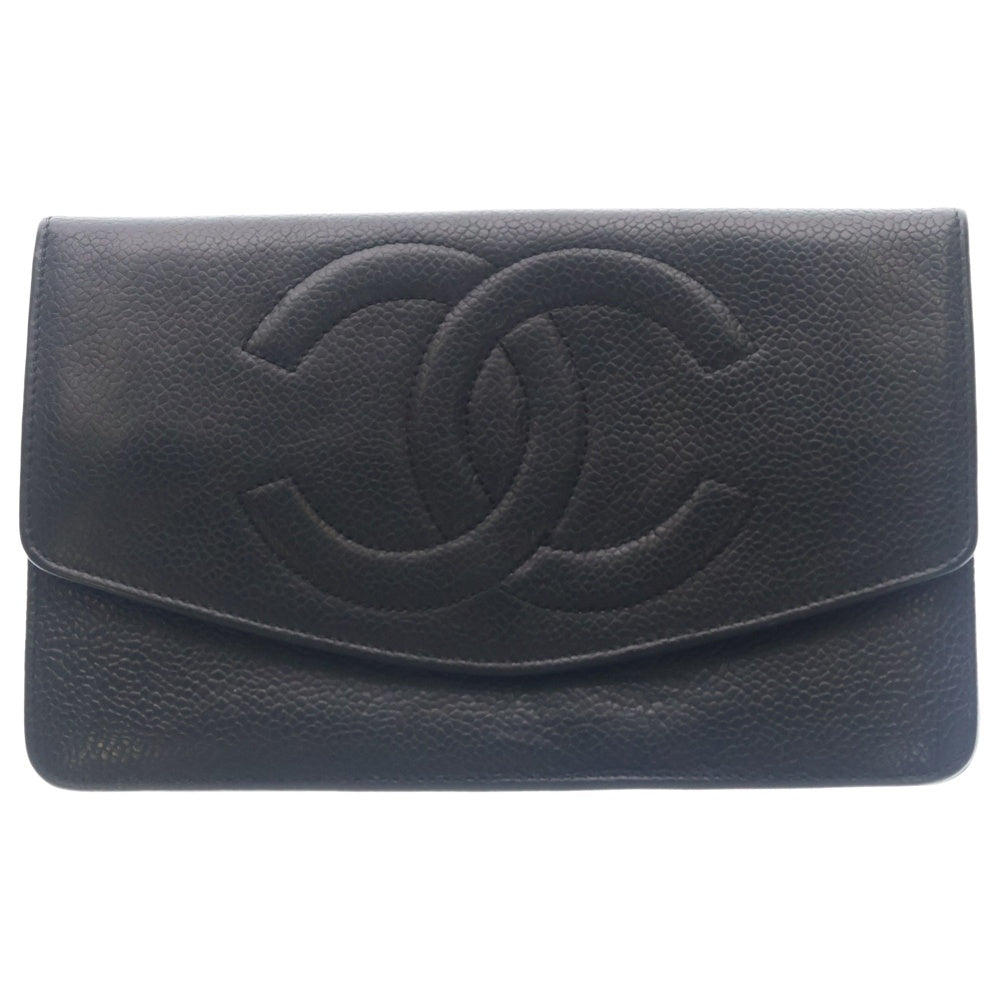 CHANEL(シャネル) キャビアスキン ココマーク 2つ折り長財布 レザーウォレット ブラック