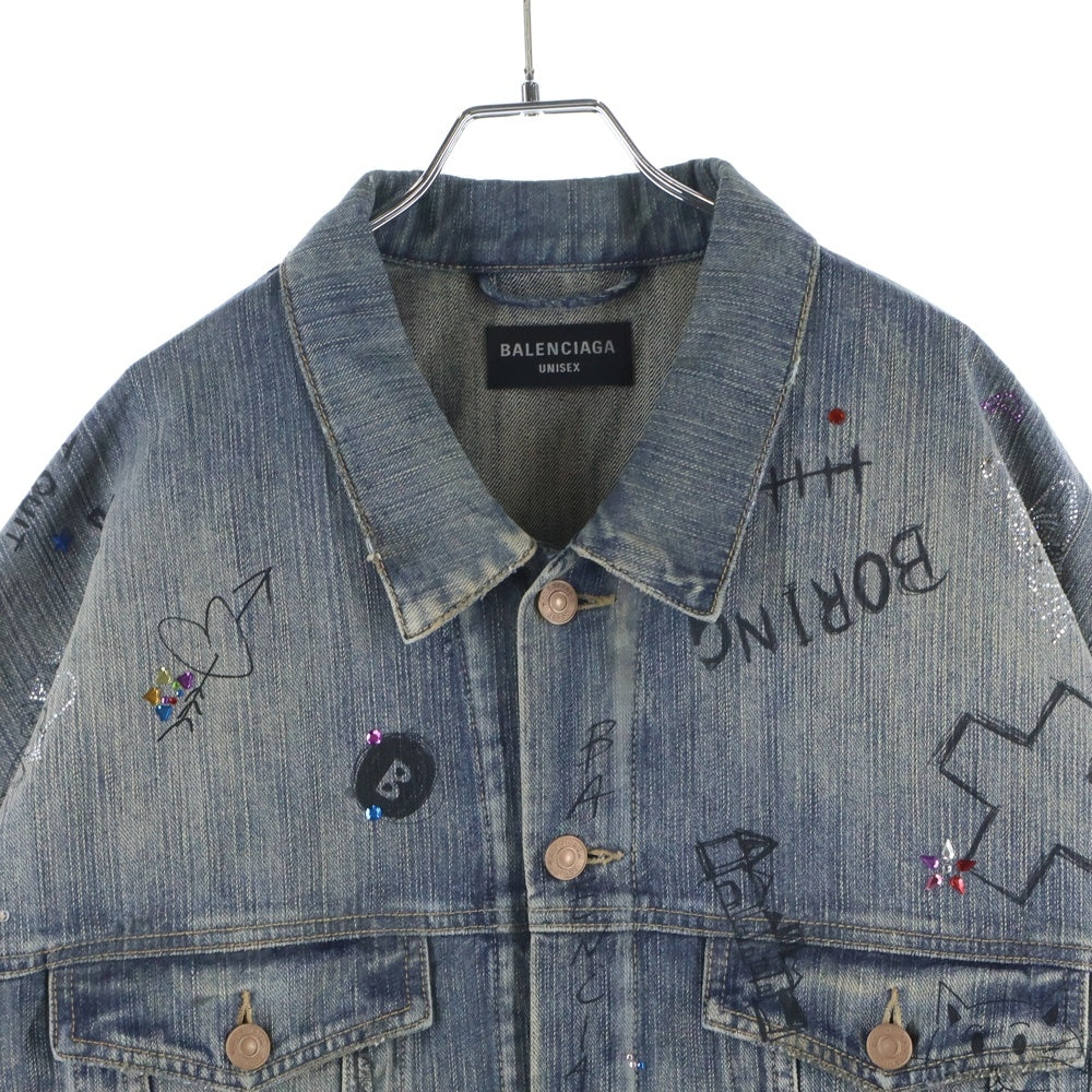BALENCIAGA(バレンシアガ) Distressed Graffiti Decoration Denim Jacket ダメージ加工 スパンコール装飾 グラフィティデニムジャケット インディゴ