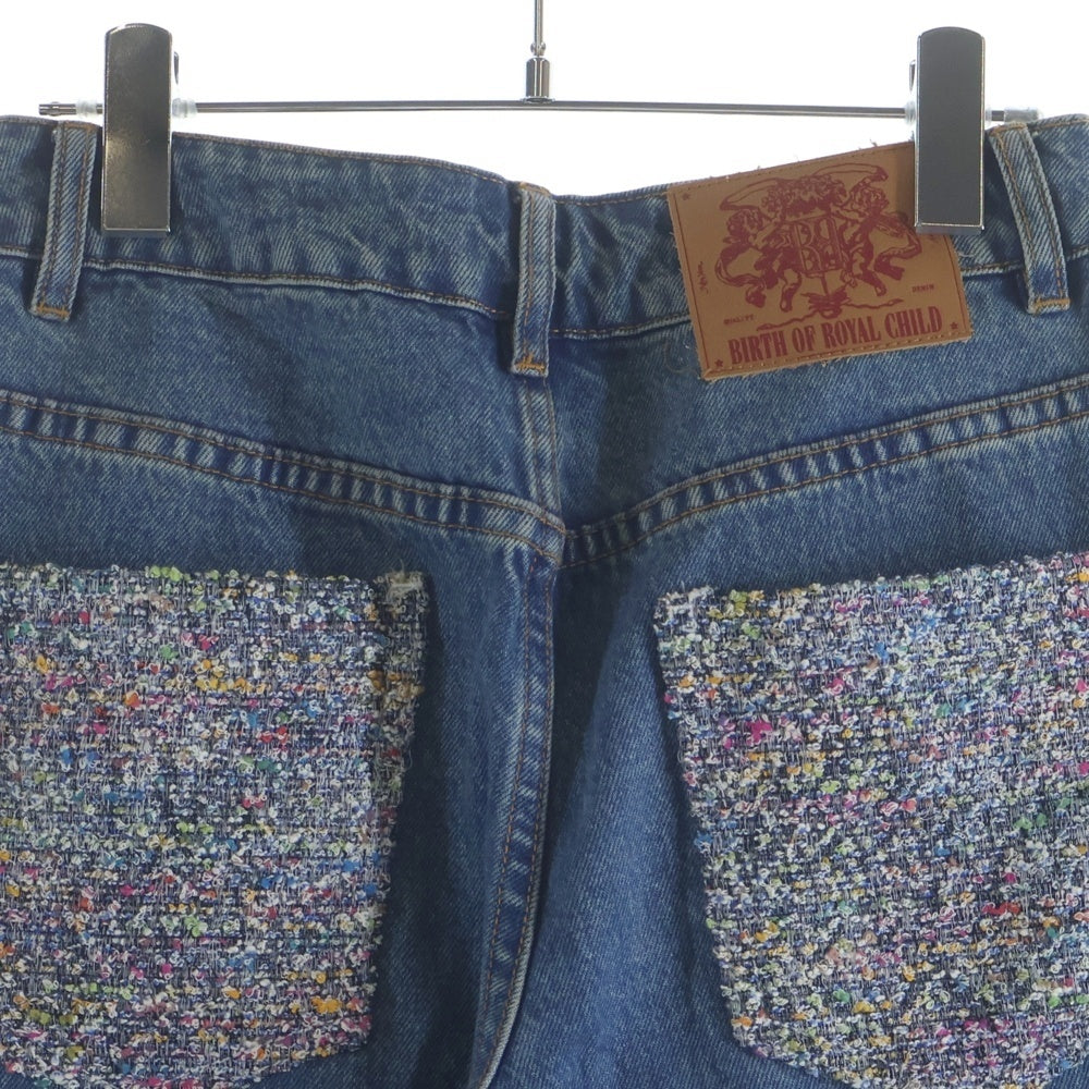 BIRTH OF ROYAL CHILD(バースオブロイヤルチャイルド) Tweed Patchwork Wide Jeans ツイードパッチワーク ワイドデニムパンツ インディゴ